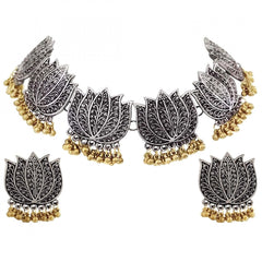 Mayawye Antique Silver Oxidised Plated Tribal Afghani Necklace With Earrings Set For Women