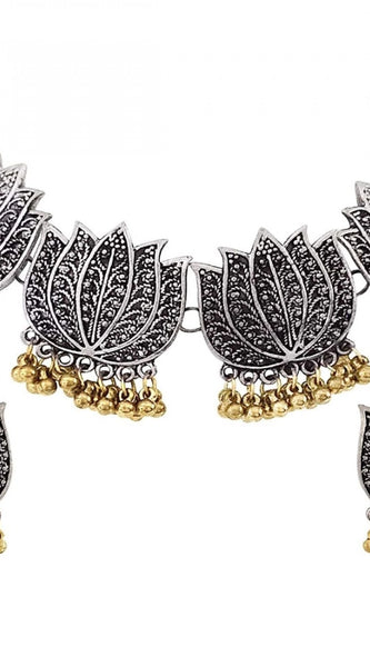 Mayawye Antique Silver Oxidised Plated Tribal Afghani Necklace With Earrings Set For Women