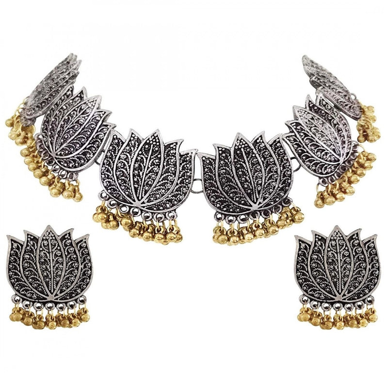 Mayawye Antique Silver Oxidised Plated Tribal Afghani Necklace With Earrings Set For Women