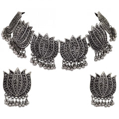 Mayawye Antique Silver Oxidised Tribal Afghani Necklace With Earrings Set For Women