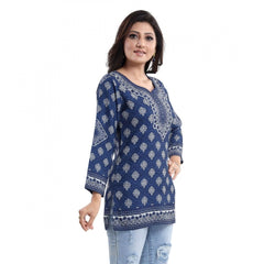 Mayawye Women's Quarter Sleeve Faux Crepe Printed Short Kurti Tunic Top (Color:Blue)