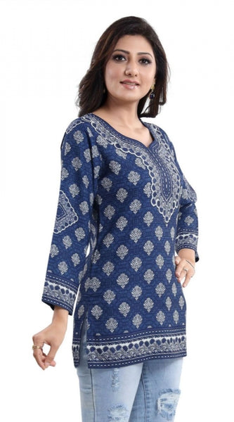 Mayawye Women's Quarter Sleeve Faux Crepe Printed Short Kurti Tunic Top (Color:Blue)
