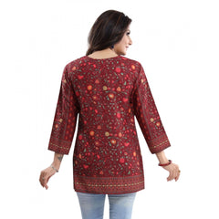 Mayawye Women's Quarter Sleeve Faux Crepe Printed Short Kurti Tunic Top (Color:Red)