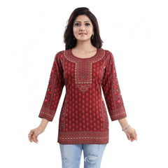 Mayawye Women's Quarter Sleeve Faux Crepe Printed Short Kurti Tunic Top (Color:Red)