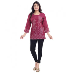 Mayawye Women's Quarter Sleeve Faux Crepe Printed Short Kurti Tunic Top (Color:Magenta)