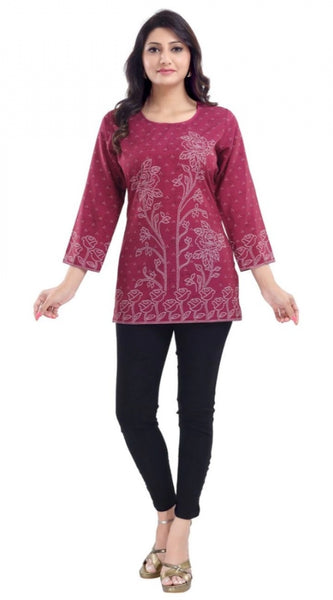 Mayawye Women's Quarter Sleeve Faux Crepe Printed Short Kurti Tunic Top (Color:Magenta)