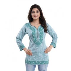 Mayawye Women's Quarter Sleeve Faux Crepe Printed Short Kurti Tunic Top (Color:Blue)