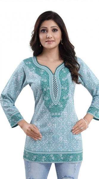 Mayawye Women's Quarter Sleeve Faux Crepe Printed Short Kurti Tunic Top (Color:Blue)