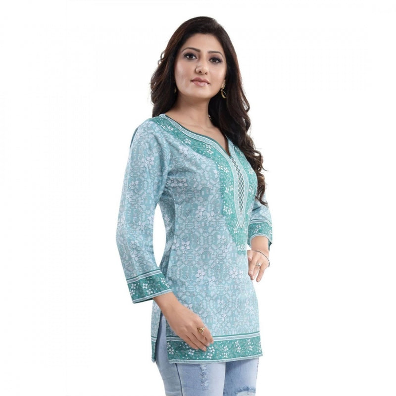 Mayawye Women's Quarter Sleeve Faux Crepe Printed Short Kurti Tunic Top (Color:Blue)