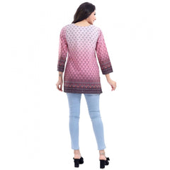 Mayawye Women's Quarter Sleeve Faux Crepe Printed Short Kurti Tunic Top (Color:Pink)