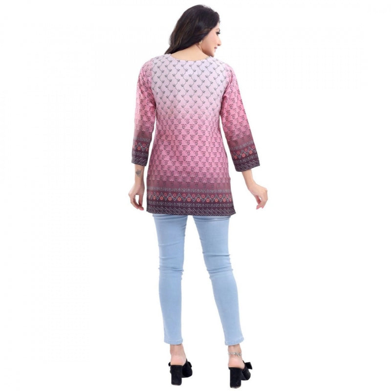 Mayawye Women's Quarter Sleeve Faux Crepe Printed Short Kurti Tunic Top (Color:Pink)