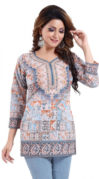 Mayawye Women's Quarter Sleeve Faux Crepe Printed Short Kurti Tunic Top (Color:Blue)