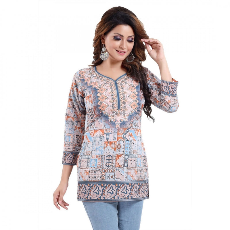 Mayawye Women's Quarter Sleeve Faux Crepe Printed Short Kurti Tunic Top (Color:Blue)