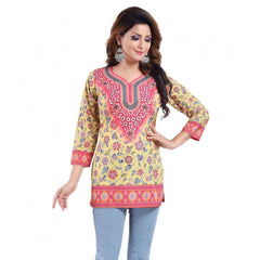 Mayawye Women's Quarter Sleeve Faux Crepe Printed Short Kurti Tunic Top (Color:Yellow)