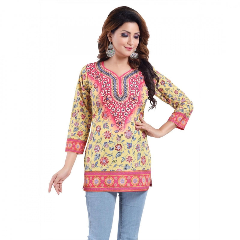 Mayawye Women's Quarter Sleeve Faux Crepe Printed Short Kurti Tunic Top (Color:Yellow)
