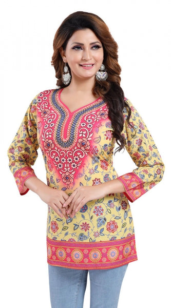 Mayawye Women's Quarter Sleeve Faux Crepe Printed Short Kurti Tunic Top (Color:Yellow)