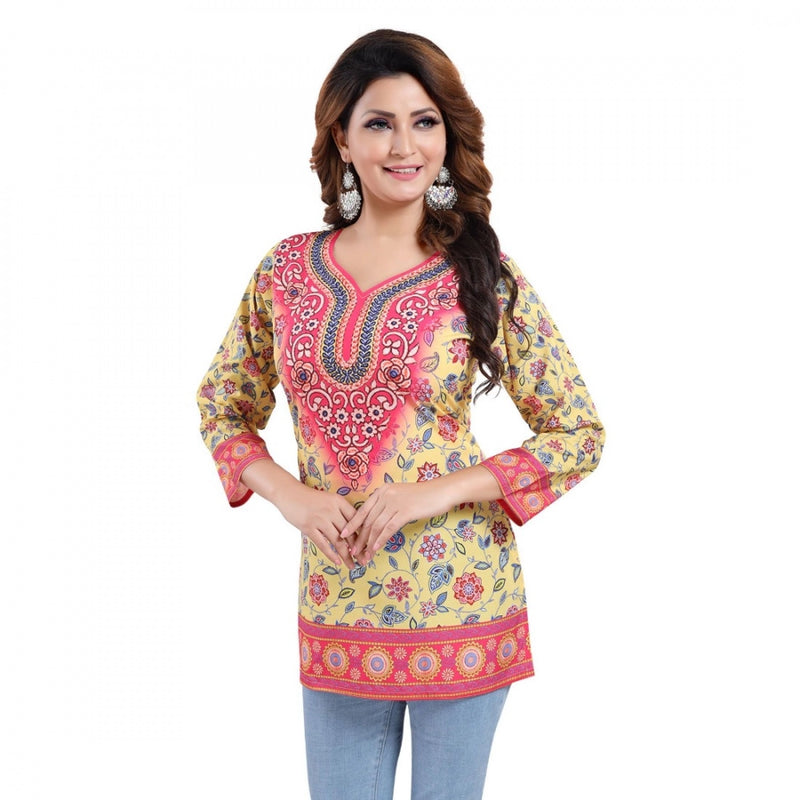 Mayawye Women's Quarter Sleeve Faux Crepe Printed Short Kurti Tunic Top (Color:Yellow)