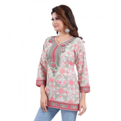 Mayawye Women's Quarter Sleeve Faux Crepe Printed Short Kurti Tunic Top (Color:Pink)