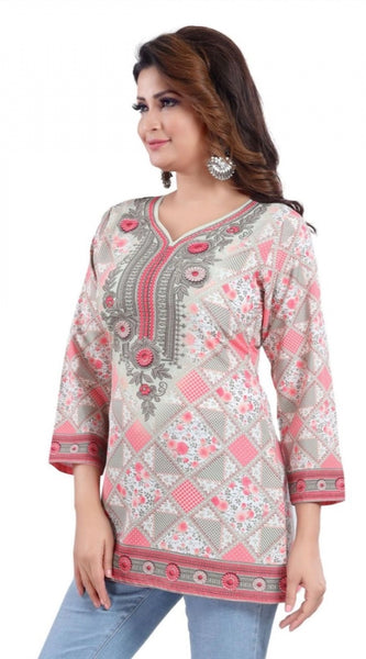 Mayawye Women's Quarter Sleeve Faux Crepe Printed Short Kurti Tunic Top (Color:Pink)