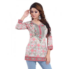 Mayawye Women's Quarter Sleeve Faux Crepe Printed Short Kurti Tunic Top (Color:Pink)