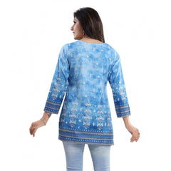 Mayawye Women's Quarter Sleeve Faux Crepe Printed Short Kurti Tunic Top (Color:Sky Blue)