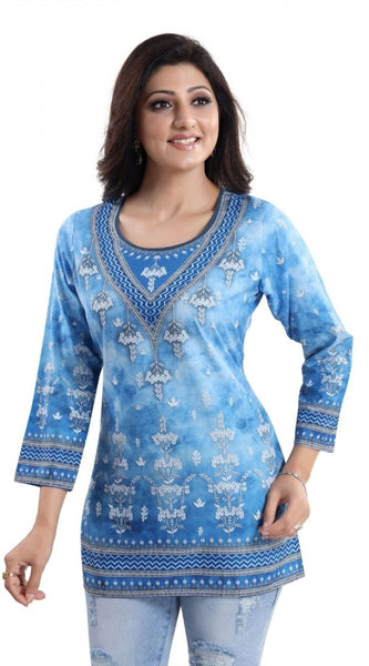 Mayawye Women's Quarter Sleeve Faux Crepe Printed Short Kurti Tunic Top (Color:Sky Blue)