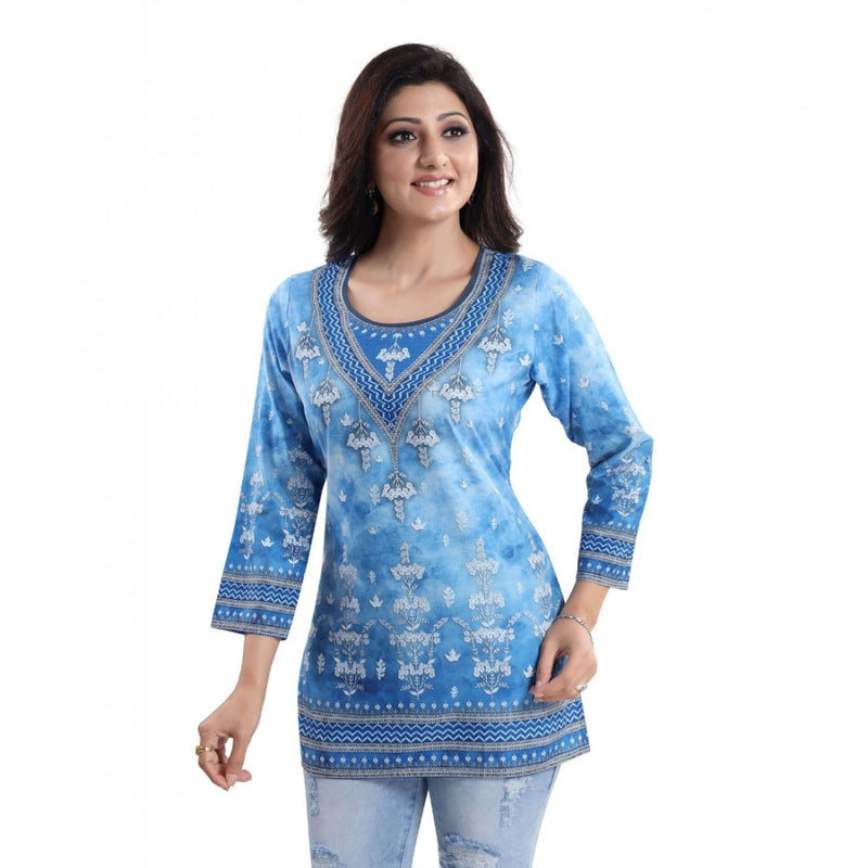Mayawye Women's Quarter Sleeve Faux Crepe Printed Short Kurti Tunic Top (Color:Sky Blue)
