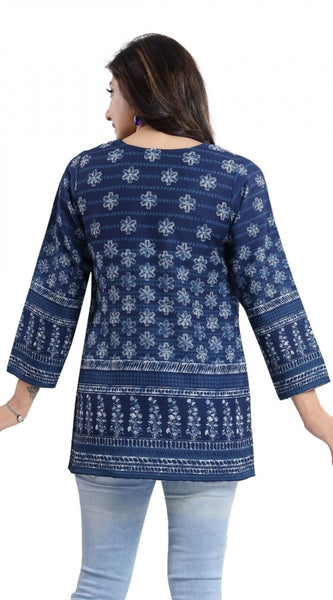 Mayawye Women's Quarter Sleeve Faux Crepe Printed Short Kurti Tunic Top (Color:Blue)