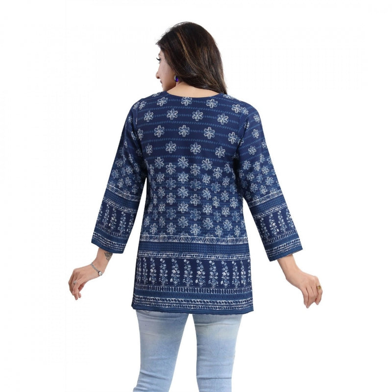 Mayawye Women's Quarter Sleeve Faux Crepe Printed Short Kurti Tunic Top (Color:Blue)