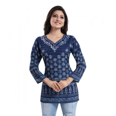 Mayawye Women's Quarter Sleeve Faux Crepe Printed Short Kurti Tunic Top (Color:Blue)