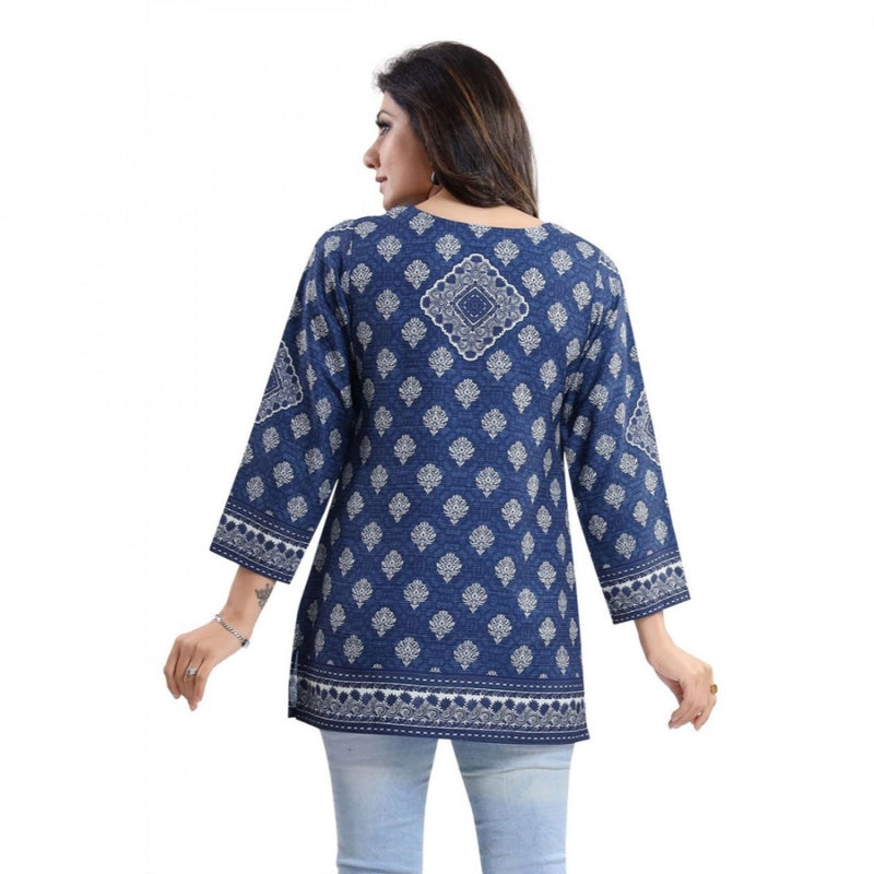 Mayawye Women's Quarter Sleeve Faux Crepe Printed Short Kurti Tunic Top (Color:Blue)
