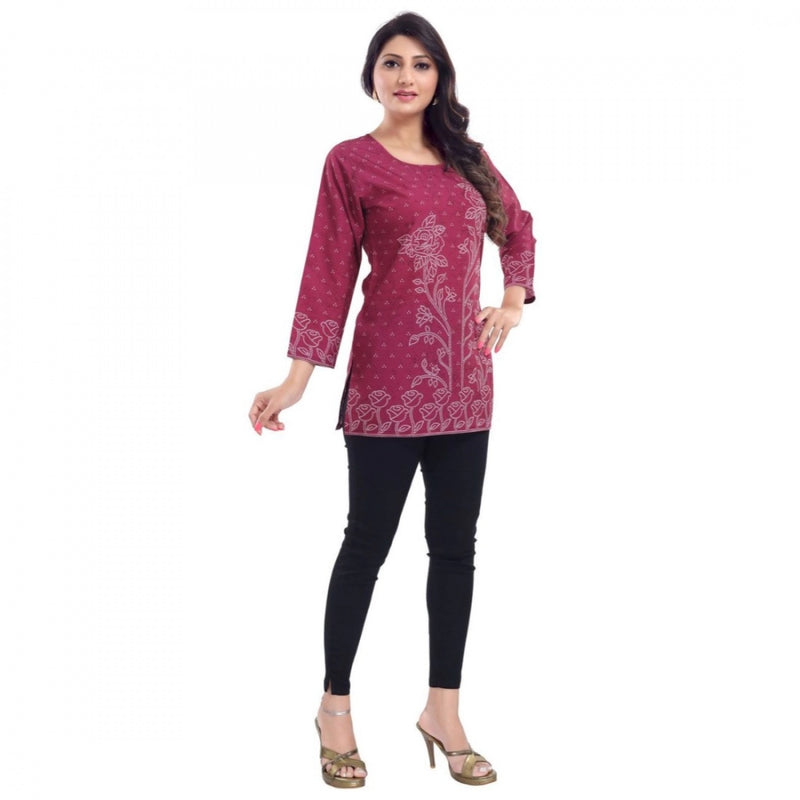 Mayawye Women's Quarter Sleeve Faux Crepe Printed Short Kurti Tunic Top (Color:Magenta)