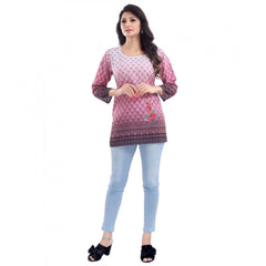 Mayawye Women's Quarter Sleeve Faux Crepe Printed Short Kurti Tunic Top (Color:Pink)