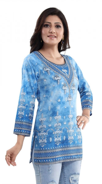 Mayawye Women's Quarter Sleeve Faux Crepe Printed Short Kurti Tunic Top (Color:Sky Blue)