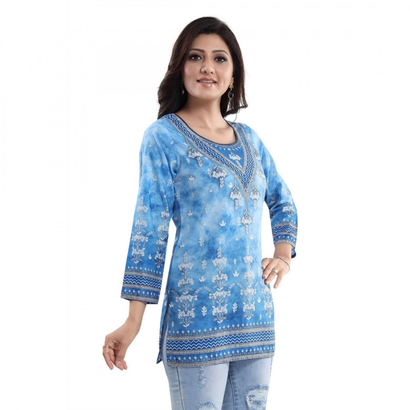 Mayawye Women's Quarter Sleeve Faux Crepe Printed Short Kurti Tunic Top (Color:Sky Blue)