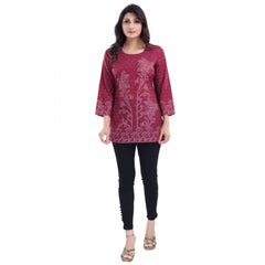 Mayawye Women's Quarter Sleeve Faux Crepe Printed Short Kurti Tunic Top (Color:Magenta)