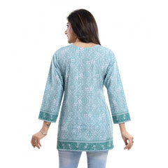 Mayawye Women's Quarter Sleeve Faux Crepe Printed Short Kurti Tunic Top (Color:Blue)