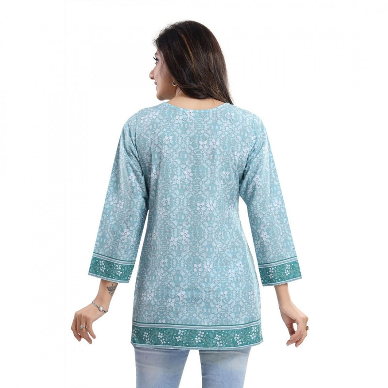 Mayawye Women's Quarter Sleeve Faux Crepe Printed Short Kurti Tunic Top (Color:Blue)
