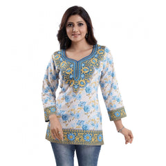 Mayawye Women's Quarter Sleeve Faux Crepe Printed Short Kurti Tunic Top (Color:White)