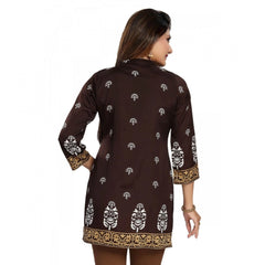 Mayawye Women's Quarter Sleeve Faux Crepe Printed Short Kurti Tunic Top (Color:Brown)