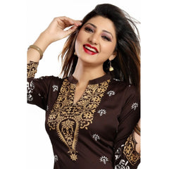 Mayawye Women's Quarter Sleeve Faux Crepe Printed Short Kurti Tunic Top (Color:Brown)