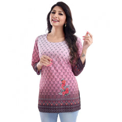 Mayawye Women's Quarter Sleeve Faux Crepe Printed Short Kurti Tunic Top (Color:Pink)