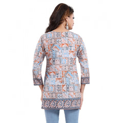 Mayawye Women's Quarter Sleeve Faux Crepe Printed Short Kurti Tunic Top (Color:Blue)