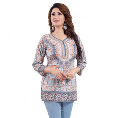 Mayawye Women's Quarter Sleeve Faux Crepe Printed Short Kurti Tunic Top (Color:Blue)