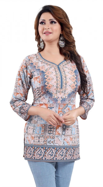 Mayawye Women's Quarter Sleeve Faux Crepe Printed Short Kurti Tunic Top (Color:Blue)