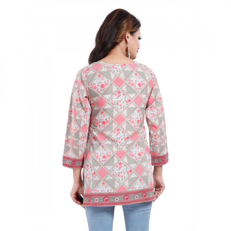 Mayawye Women's Quarter Sleeve Faux Crepe Printed Short Kurti Tunic Top (Color:Pink)