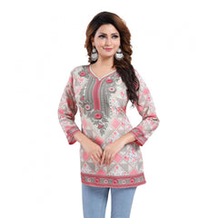 Mayawye Women's Quarter Sleeve Faux Crepe Printed Short Kurti Tunic Top (Color:Pink)