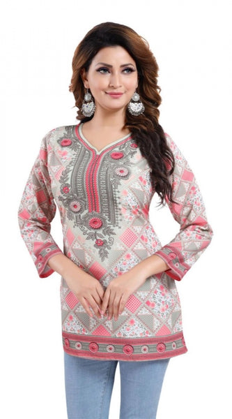 Mayawye Women's Quarter Sleeve Faux Crepe Printed Short Kurti Tunic Top (Color:Pink)