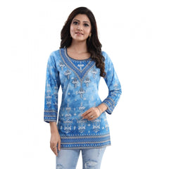 Mayawye Women's Quarter Sleeve Faux Crepe Printed Short Kurti Tunic Top (Color:Sky Blue)