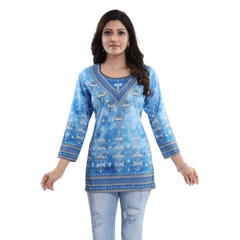 Mayawye Women's Quarter Sleeve Faux Crepe Printed Short Kurti Tunic Top (Color:Sky Blue)